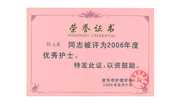 陈文英荣获2006年度优秀护士